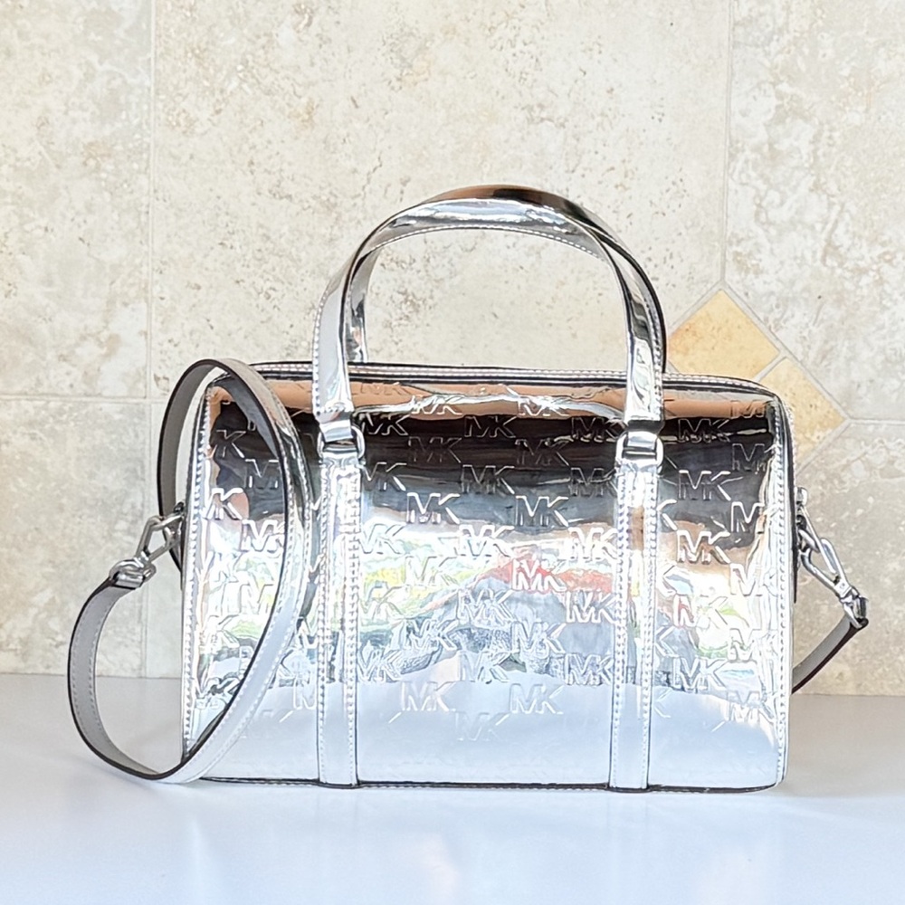 Michael Kors Travel MD Mirror Metallic Shoulder Duffle Bag MK Silver - Picture 4 of 13
